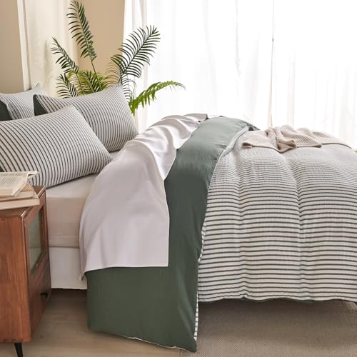 TISPLR King Duvet Cover Set Striped Washed Microfiber Jacquard 3 Pieces Bedding Set, Green White Vertical Ticking Stripes Pattern Comforter Cover with Zipper Closure Breathable Durable Soft Comfy TISPLR