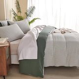 TISPLR King Duvet Cover Set Striped Washed Microfiber Jacquard 3 Pieces Bedding Set, Green White Vertical Ticking Stripes Pattern Comforter Cover with Zipper Closure Breathable Durable Soft Comfy TISPLR