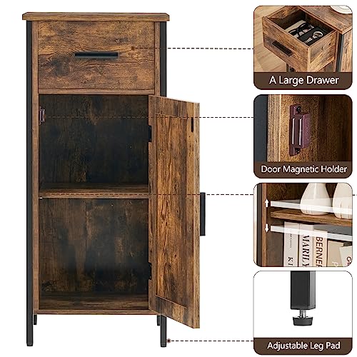 usikey Small Storage Cabinet, Narrow Cabinet with 1 Door and 1 Drawer, Industrial Side Cabinet with 2 Shelves, Nightstand, Small Cabinet for Living Room, Kitchen, Office, Brown usikey