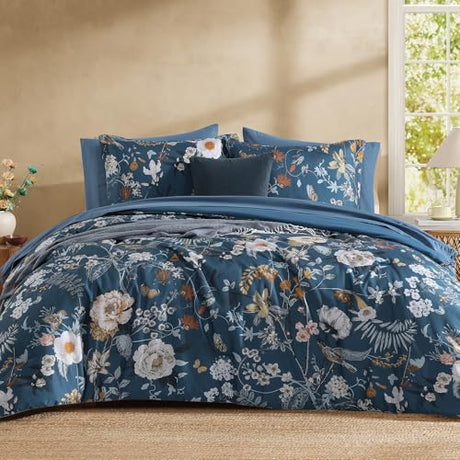 CASAAGUSTO King Size Comforter Set - 7 Pieces Blue Floral Bedding Sets, King Bed in a Bag with Botanical Butterfly Comforter, Sheets, Pillowcases & Shams for All Seasons CASAAGUSTO