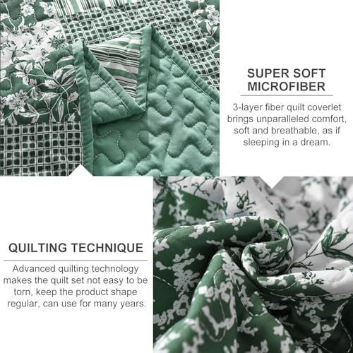 Mybedsoul Green Quilt Set Full Size, 3 Pieces Plaid Floral Bedspread Set Patchwork Reversible Bedding Set Microfiber Lightweight Bedspread Coverlet Set for All Season 78"x90" Mybedsoul