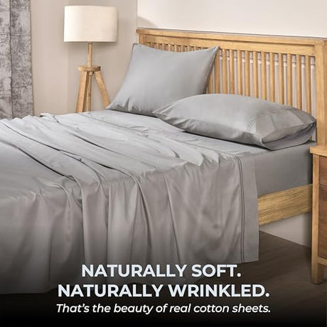 Mayil Manor 100% Natural Cotton Bed Sheets | 500 TC Single-Ply Sateen Weave Cal King Sheet Set | Breathable & Hypoallergenic Solid 4-Piece Bedding with Deep Pocket Fitted, Flat, Pillowcase | Grey Mayil Manor