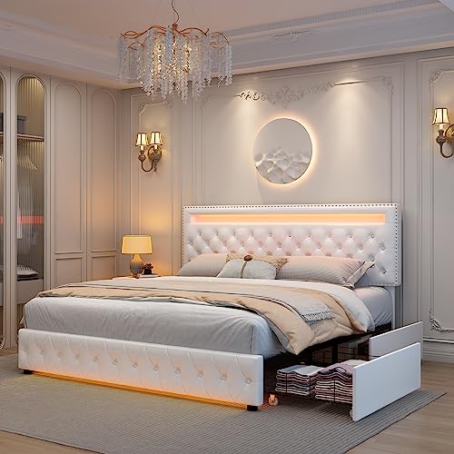 GEGOFORU Full Led Bed Frame with 4 Storage Drawers, with Smart Control RGBW LED Lights Headboard Footboard, Control DIY Color, Box Spring Optional, PU White Generic