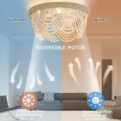 FUMLTP Boho Beaded Ceiling Fans with Lights and Remote Control, 19.7 Inch Low Profile Flush Mount Retro Ceiling Fans, 6-Speed Reversible DC Motor E26 Metal Bulb Base for Bedroom Kitchen - WoodArtSupply