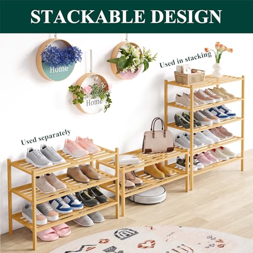 Smiry Bamboo Shoe Rack 3-Tier, Stackable Wooden Shoe Organizer for Entryway & Closet, Free Standing Wood Shoe Storage Shelf for Front Door & Small Spaces, Natural Smiry
