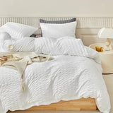 WARMDERN Duvet Cover Set Queen Size, 3pcs Washed Microfiber White Bedding Set, Soft Breathable Striped Textured Seersucker Duvet Cover with Zipper Closure & Corner Ties(White, Queen) WARMDERN