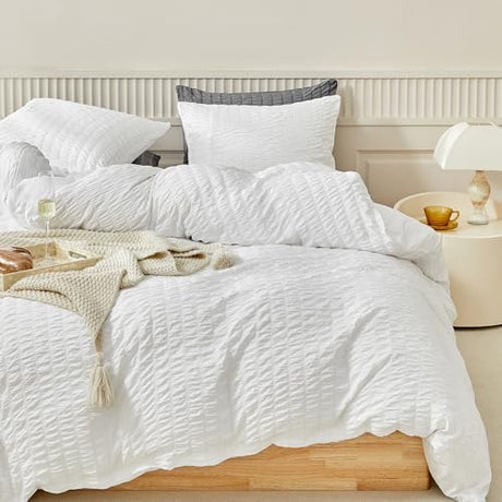 WARMDERN Duvet Cover Set Queen Size, 3pcs Washed Microfiber White Bedding Set, Soft Breathable Striped Textured Seersucker Duvet Cover with Zipper Closure & Corner Ties(White, Queen) WARMDERN