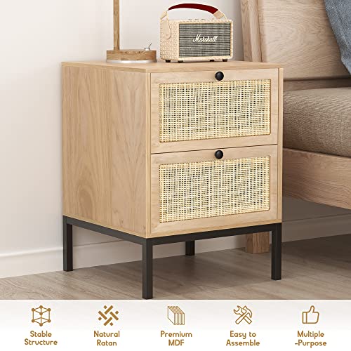 XIAO WEI Rattan Nightstand Set of 2 with Handmade Natural Rattan Drawers, Bedside Tables, End Table, Rattan Side Table, Boho Wood Nightstand, for Bedroom, Living Room, Metal Legs - WoodArtSupply