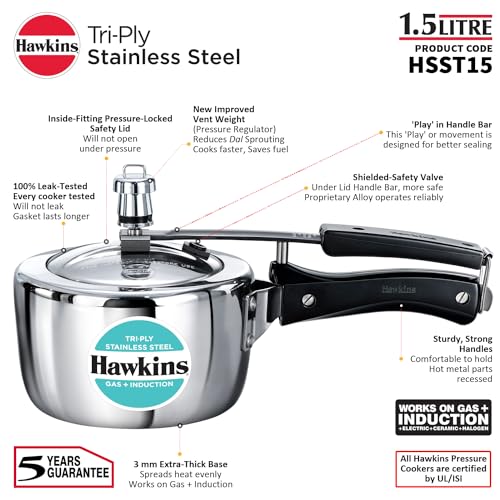 HAWKINS Triply Stainless Steel Pressure Cooker, Inner Lid Induction Cooker, (HSST15) 1.5 litres Silver HAWKINS