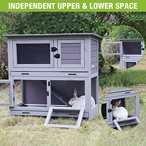 Rabbit Hutch Bunny Cage, Guinea Pig Cage Bunny Hutch Indoor, Wood Pet Cage with 4 Casters -2 Story & 2 Trays