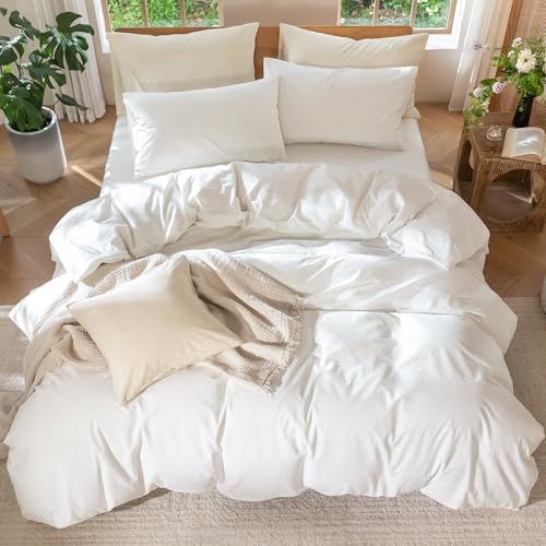 MooMee Bedding Duvet Cover Set 100% Washed Cotton Linen Like Textured Breathable Durable Soft Comfy (Solid Off White, Queen 90"x90") MooMee