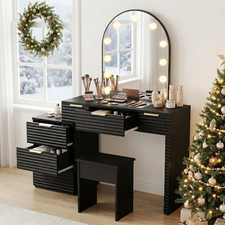 ACAGALA Modern Vanity Desk Chair Set with Mirror Light Fashionable Makeup Table with Glass Top Multi Drawers for Home Bedroom Salon Example: Adidas Blue Sneakers (Black) ACAGALA