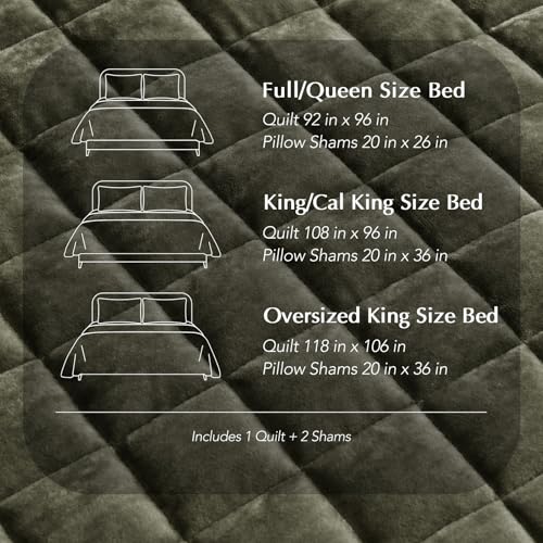 RECYCO Luxury Velvet Quilt Set King Size, Lightweight Velvet Comforter Set, Oversized Bedspread Coverlet Quilted Bedding Set, with 2 Matching Pillow Shams, for All Season, Olive Green RECYCO