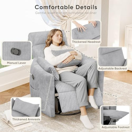 Flamaker Swivel Recliner Chair, Massage Nursery Rocking Chair with 2 Pillows, Comfy Single Sofa Glider Rocking Chair with Side Pockets for Living Room (Corduroy, Dark Grey) Flamaker