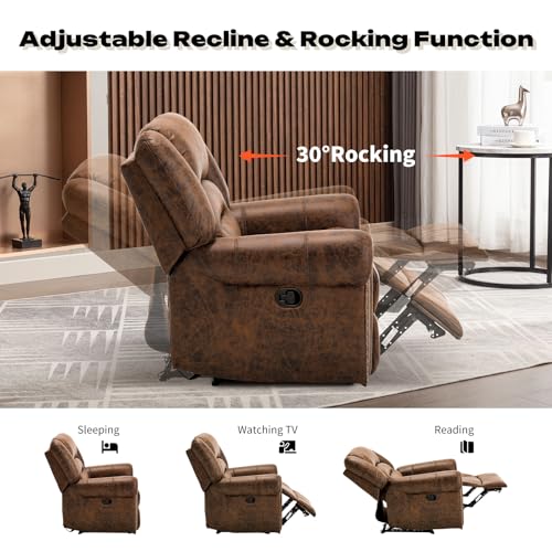 CANMOV Rocker Recliner Chair, Leather Recliner Chair with Overstuffed Backrest and Armrests, Manual Single Sofa for Living Room,Bedroom, Nut Brown