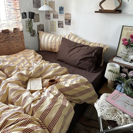 MKXI Twin Size Reddish-Brown & Yellow Striped Duvet Cover Set - 3 Piece Vintage Aesthetic Bedding Set, Cotton, Minimalist Design, Soft & Breathable Duvet Cover with Zipper Ties MKXI
