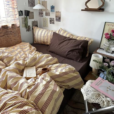 MKXI Twin Size Reddish-Brown & Yellow Striped Duvet Cover Set - 3 Piece Vintage Aesthetic Bedding Set, Cotton, Minimalist Design, Soft & Breathable Duvet Cover with Zipper Ties