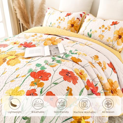 Anibedding Yellow Quilt Set King Size, Yellow Floral Reversible Bedspread Soft Microfiber Lightweight King Size Quilt Bedding Sets Reversible Coverlet for All Season(King, 104"x90") Anibedding