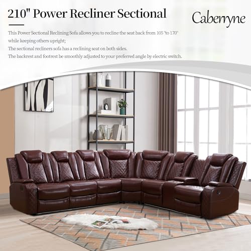 Caberryne Power Recliner Sofa Sectional Couch with LED Light for Living Room,Leather Reclining Corner Sectional Sofa with 2 Recliner Seats,Cup Holder,Storage Console for House/Home Theater, Wine