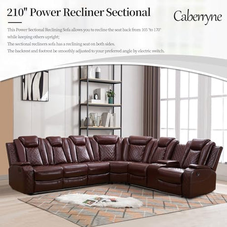 Caberryne Power Recliner Sofa Sectional Couch with LED Light for Living Room,Leather Reclining Corner Sectional Sofa with 2 Recliner Seats,Cup Holder,Storage Console for House/Home Theater, Wine Caberryne