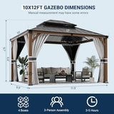 UDPATIO 10' x 12' Hardtop Gazebo, Wood Grain Finish Aluminum Frame Outdoor Gazebo with Galvanized Steel Double Roof, Metal Gazebo Canopy with Curtain and Netting for Garden, Patio and Deck, Grey UDPATIO