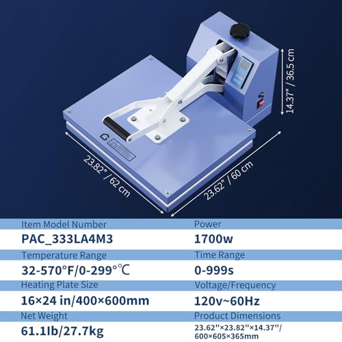 Heat Press 16x24in, Heat Press Machine, Even Heating Technology, Large Operating Panel, Industrial Digital Heat Transfer Machine Sublimation for T-Shirts, Clothes, Canvas Bags, Baby Blue GarveeTech