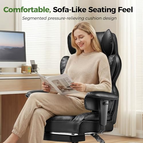 GTPOFFICE Big and Tall Office Chair 400LBS Wide Seat Computer Gaming Chair with Footrest & Comfy Lumbar Support, Leather High Back Executive Chair with Ergonomic Pressure Relief Seat Cushion, Black GTPOFFICE