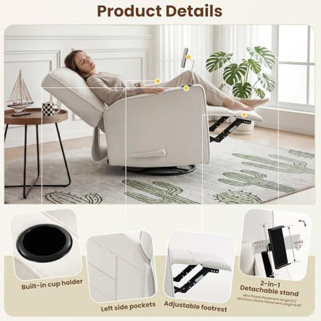 360° Swivel Rocker Recliner Chair with Adjustable Footrest, Rocking Chair Nursery with Phone Stand & Cup Holder,Manual Nursing Chair Glider Recliner Armchair for Adults, Living Room (Beige) FiveWillowise