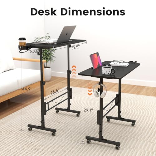 Hadulcet Small Standing Desk Adjustable Height, Mobile Stand Up Desk with Wheels, Portable Walking Pad Table Stand, Rolling Laptop Cart for Standing or Sitting, Black Hadulcet