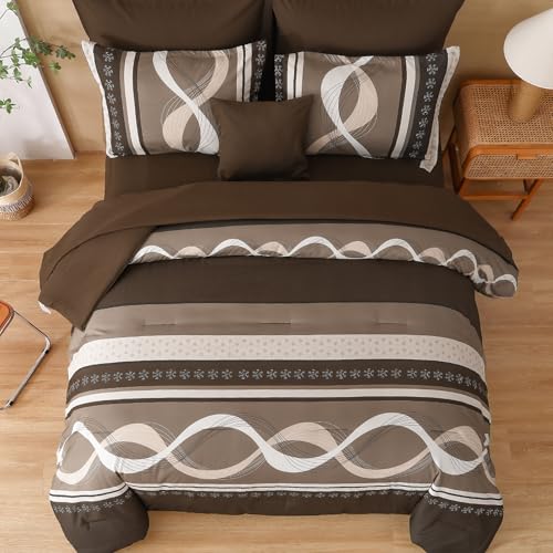 Anibedding Boho Comforter Set,8 Pieces Bed in a Bag Patchwork Striped Comforter Set,Brown Bed Set Queen Size, Soft Microfiber Boho Bedding Set for All Season(90"×90") Anibedding