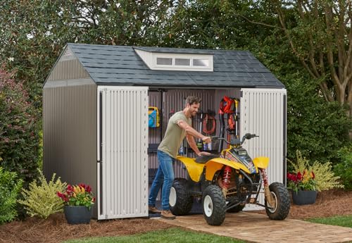 Rubbermaid Extra Large Resin Outdoor Storage Shed With Floor (7 x 10.5 Ft.) Weather Resistant Brown Organization for Home/Lawn Mower/Backyard Equipment/Bike Storage/Pool Supplies Rubbermaid