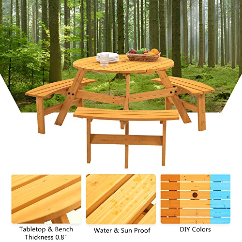 Ufurpie 6 Person Round Picnic Table,Outdoor Wooden Round Picnic Tables w/3 Built-in Benches,Umbrella Hole,Outside Table and Bench Set for Ufurpie