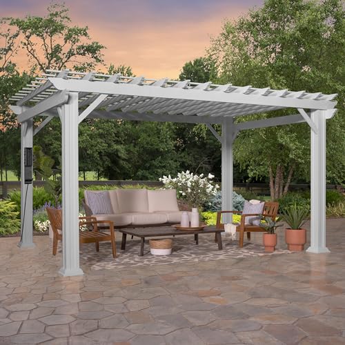 Backyard Discovery 14x12 ft Hawthorne White Galvanized Steel Pergola w/Soft Sail Shade, Spacious, Rust Resistant, UV Protection, Resist Winds Up to 100 MPH, Durable, Powerport USB & Electrica - WoodArtSupply