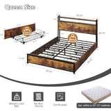 VINGLI Queen Bed Frame with 4 Storage Drawers and Headboard, Metal Platform Panel Bed with Charging Station and RGB LED Lights, No Box Spring Needed, Noise Free, Easy Assembly, Vintage Brown VINGLI