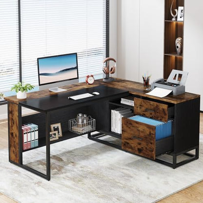 Tribesigns 63" L-Shaped Executive Desk, Large Office Desk with Drawers and Shelves, Rustic Long Business Furniture Desk with File Cabinet Storage Space, Home Office Workstation, Brown & Black - WoodArtSupply