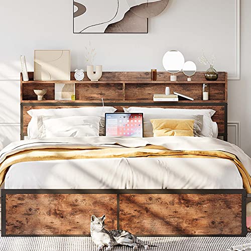 IRONCK Vintage Brown King Size Bed Frame with Bookcase Headboard and Charging Station - WoodArtSupply