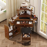 Corner Vanity Desk Set with Storage Stool, Charging Station, Removable Cabinet, Glass Tabletop & Jewelry Organizer, Triangle Makeup Desk for Bedroom (Walnut, 29") Generic