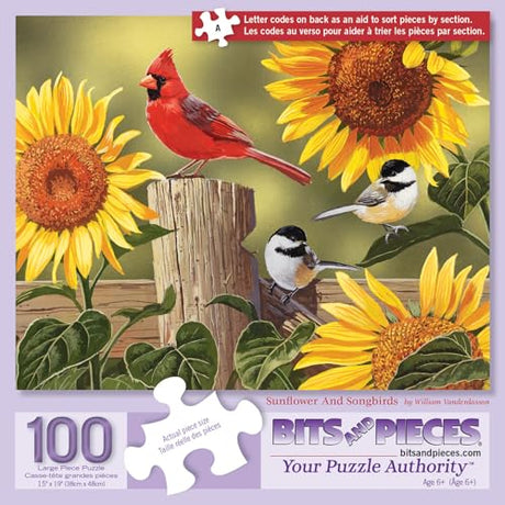 Bits and Pieces – 100 Piece Jigsaw Puzzle for Adults – Sunflower & Songbirds - Cardinals Jigsaw Puzzle by William Vanderdasson, Completed Puzzle Size: 15" x 19" Bits and Pieces