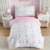 CotComf Toddler Bedding Set for Girls 4-Piece Pink Boho Tufted Daisy Flowers Toddler Comforter Sheets Set Bed-in-a-Bag Toddler Bedroom Set with Comforter, Flat Sheet, Fitted Sheet, Pillowcase CotComf
