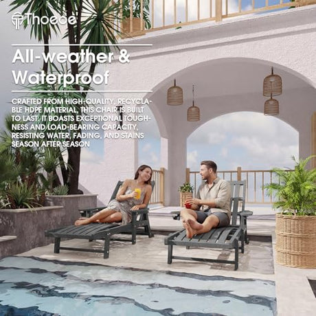 THOEOE Patio Chaise Lounge Chair Set of 2, Lounge Chair Outdoor with 5 Positions, HDPE, Patio Lounge Chair with Wheels & Cup Holder for Pool, Deck, Poolside,Grey THOEOE