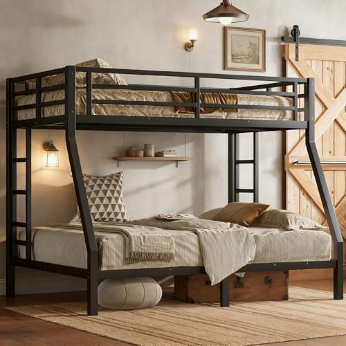 Bellemave Twin Over Full Bunk Bed with Ladders, Metal Bunk Beds Frame with Full-Length Guardrails, Heavy-Duty Bunkbed for Bedroom, Guest Room, Dorms, Noise-Reduce and No Spring Box Needed, Black Bellemave