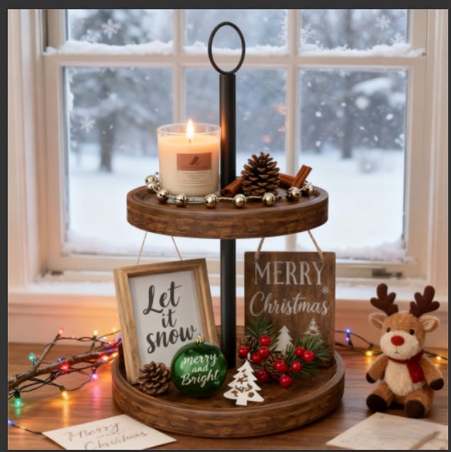 Tiered Tray Stand, Rustic Wooden Two Tier Decorative Tray with Metal Handle, Farmhouse 2 Tier Serving Tray, Round Cake Cupcake Stand for Coffee Bar Home Party Christmas Tiered Tray Decor(1-Pack) BIGNEWWANG