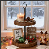 Tiered Tray Stand, Rustic Wooden Two Tier Decorative Tray with Metal Handle, Farmhouse 2 Tier Serving Tray, Round Cake Cupcake Stand for Coffee Bar Home Party Christmas Tiered Tray Decor(1-Pack) BIGNEWWANG