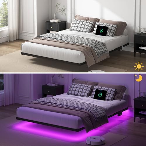 YORMDMO Floating Bed Frame Full Size, Heavy Duty Bedframe with Smart LED Lights & Charging Station, Modern Metal Platform Bed, Easy Assembly No Box Spring Needed, 8 Inch YORMDMO