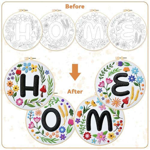BEUNITONE 4 Set Embroidery Kit for Beginners, DIY Home Theme Pre-Stamped Pattern Needlepoint Kits for Adults with Hoop and Instruction, Funny Hand Embroidery Patterns for Cloth and Home Decor