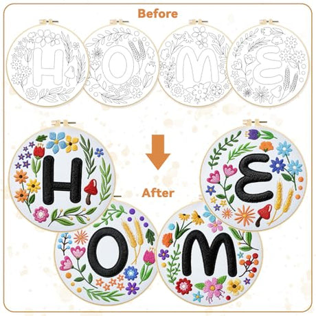 BEUNITONE 4 Set Embroidery Kit for Beginners, DIY Home Theme Pre-Stamped Pattern Needlepoint Kits for Adults with Hoop and Instruction, Funny Hand Embroidery Patterns for Cloth and Home Decor BEUNITONE