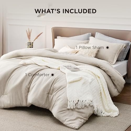 Bedsure Twin/Twin XL Comforter Set - Beige Soft Bedding for All Seasons, Cationic Dyed Bed Set, 2 Pieces, 1 Twin Size Comforter (68"x88") and 1 Pillow Sham (20"x26"+2") Bedsure