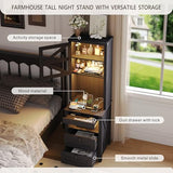 HWB Tall Night Stand with Charging Station and LED Lights, Farmhouse Nightstand with Gun Drawer&Adjustable Shelf, Bedside Table with 3 Drawers for Bedroom, Black HWB
