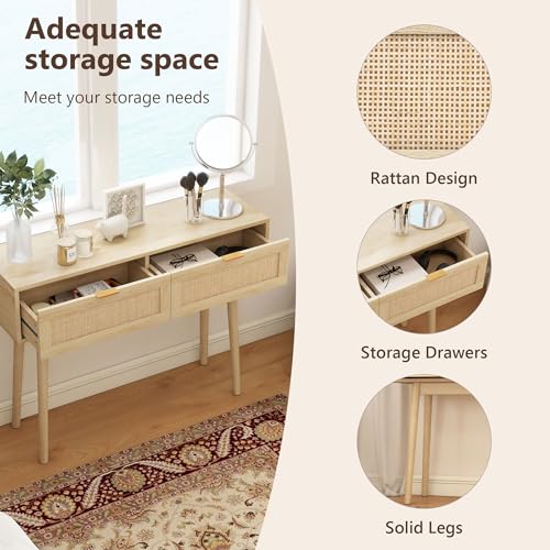 YMBSBUY Rattan Console Table with 2 Drawer, Boho Narrow Sofa Table Entryway Table, Wood Skinny Farmhouse Vanity Desk, Long Small Entry Table for Hallway, Entrance, Living Room, Bedroom, 40 inch, Oak YMBSBUY