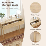 YMBSBUY Rattan Console Table with 2 Drawer, Boho Narrow Sofa Table Entryway Table, Wood Skinny Farmhouse Vanity Desk, Long Small Entry Table for Hallway, Entrance, Living Room, Bedroom, 40 inch, Oak YMBSBUY